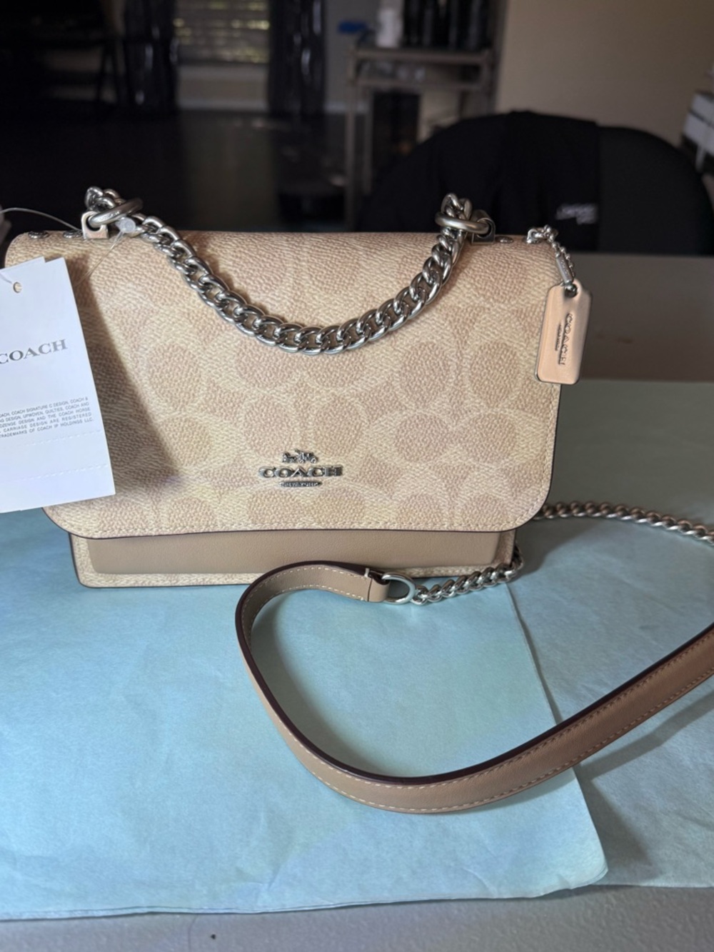 Coach Mini Klare Sand/taupe Beige silver chain crossbody bag
